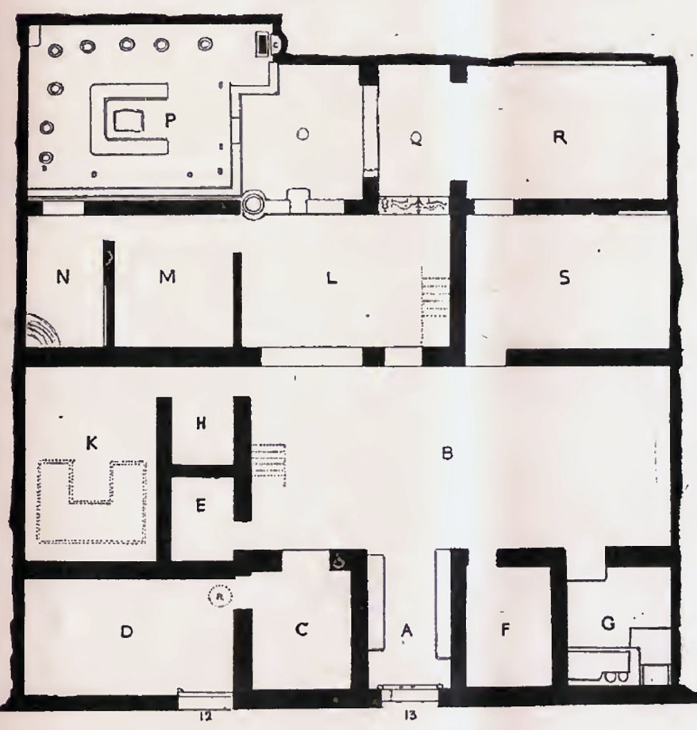 V.4.13. Pompeii. Room plan from Notizie degli Scavi, 1905, p.87, fig. 1. 
The room letters are those referred to on the pompeiiinpictures pages for V.4.13 and are those used in the 1902-5 excavation plan and report.
See Notizie degli Scavi di Antichita, 1905, p. 85ff. 
This plan is to help you accurately locate the rooms shown in the photographs of this house. 
Please be aware that the room numbers shown may differ from any other plans or records both published and unpublished. 